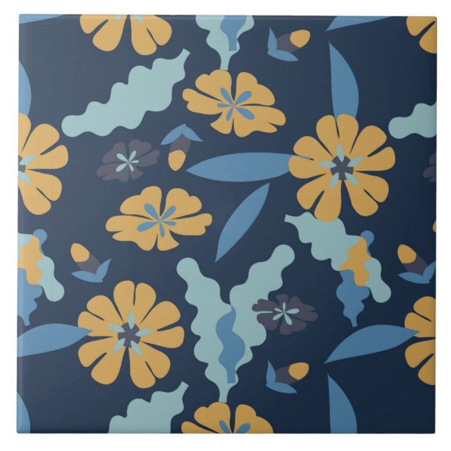 Golden gult och blue blommönster kakelplatta (Framsidan)