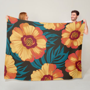 Golden Gult- och Red Flowers med Teal Lövs Fleecefilt