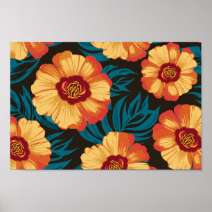 Golden Gult- och Red Flowers med Teal Lövs Poster