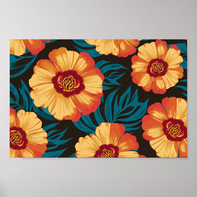 Golden Gult- och Red Flowers med Teal Lövs Poster (Framsidan)