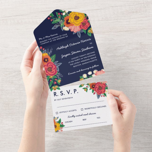 Golden Gult Red Navy Boho Flowers alla i ett (Avrivbar del)