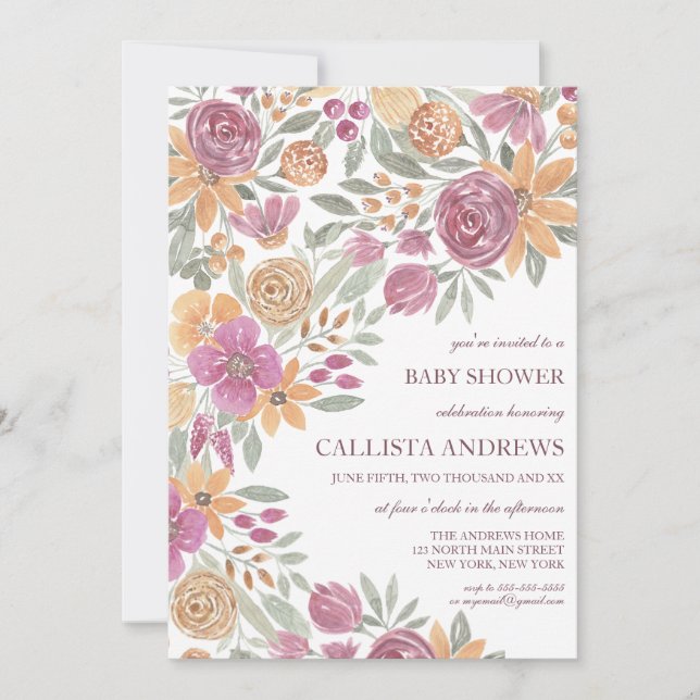 Golden Gult Rosa Blommigt Vattenfärgsbabyskor för  Inbjudningar (Framsida)