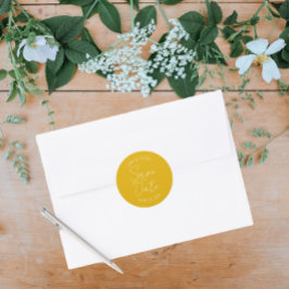 Golden Gult Stylized Bröllop spara datum Runt Klistermärke