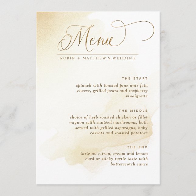 Golden Gult Watercolor Elegant bröllop Menu Meny (Framsida)