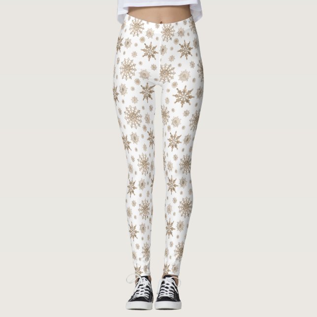 Golden Gult Winter Snowflake Mönster On White Leggings (Framsida)