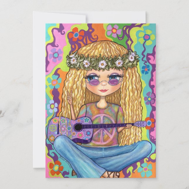 Golden Hair Hippie Chick Lila Guitar Fredstecken Inbjudningar (Framsida)
