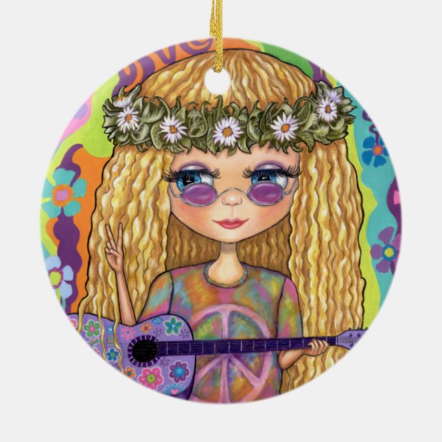 Golden Hair Hippie Chick Lila Guitar Fredstecken Julgransprydnad Keramik (Baksidan)