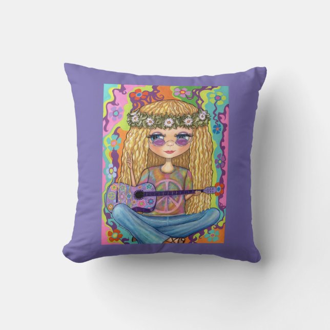 Golden Hair Hippie Chick Lila Guitar Fredstecken Kudde (Framsida)