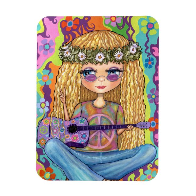 Golden Hair Hippie Chick Lila Guitar Fredstecken Magnet (Vertikal)
