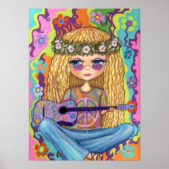 Golden Hair Hippie Chick Lila Guitar Fredstecken Poster (Framsidan)