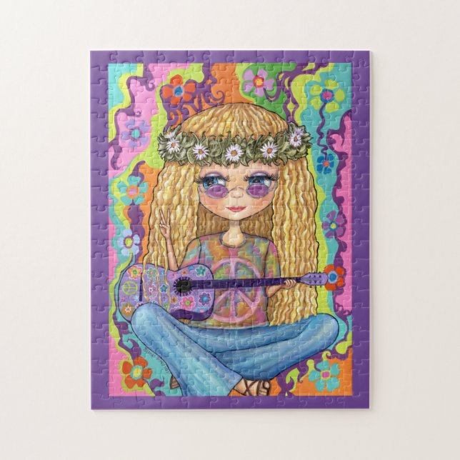 Golden Hair Hippie Chick Lila Guitar Fredstecken Pussel (Vertikal)