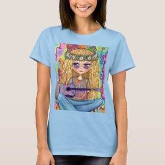 Golden Hair Hippie Chick Lila Guitar Fredstecken T Shirt