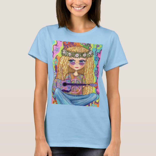 Golden Hair Hippie Chick Lila Guitar Fredstecken T Shirt (Framsida)