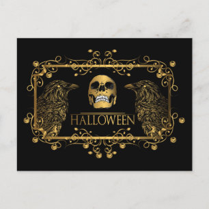 Golden Halloween Skull Ravens Vykort