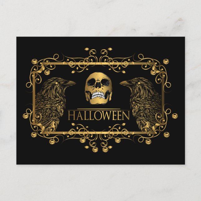 Golden Halloween Skull Ravens Vykort (Framsida)