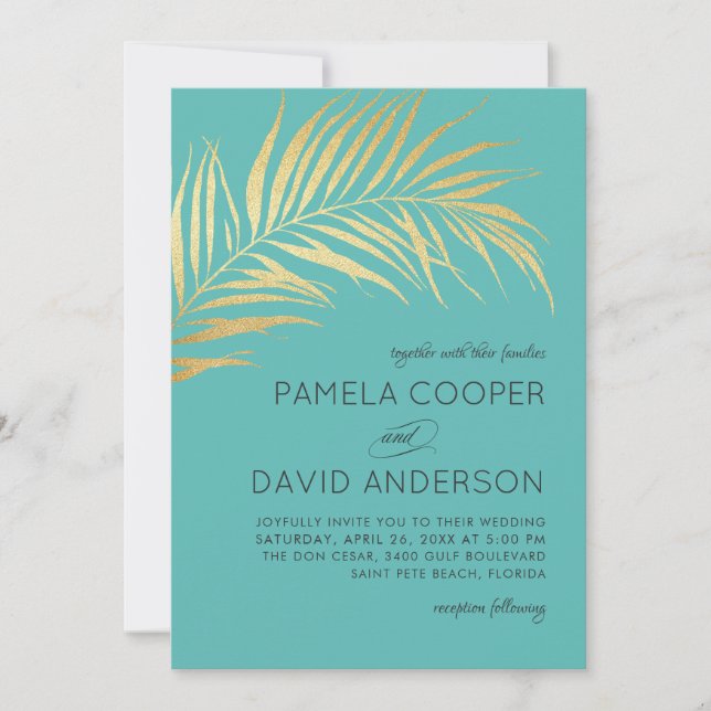 Golden Handflatan Frond Modern minimalistisk Bröll Inbjudningar (Framsida)