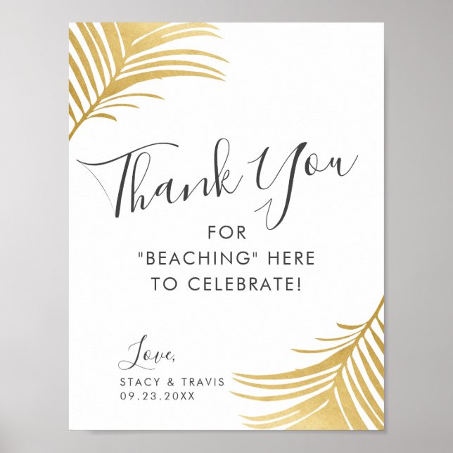 Golden Handflatan Tack Beach Wedding Sign Poster (Framsidan)