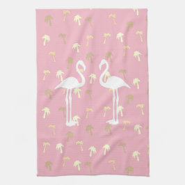 Golden Handflatan Träd Two White Flamingo Birds Kökshandduk