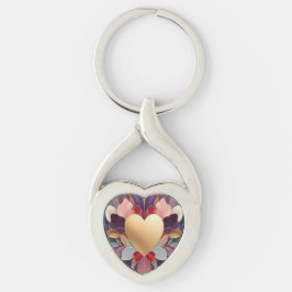 Golden Heart Bloom Elegant Multicolor Floral Symmt Twisted Heart Silverfärgad Nyckelring