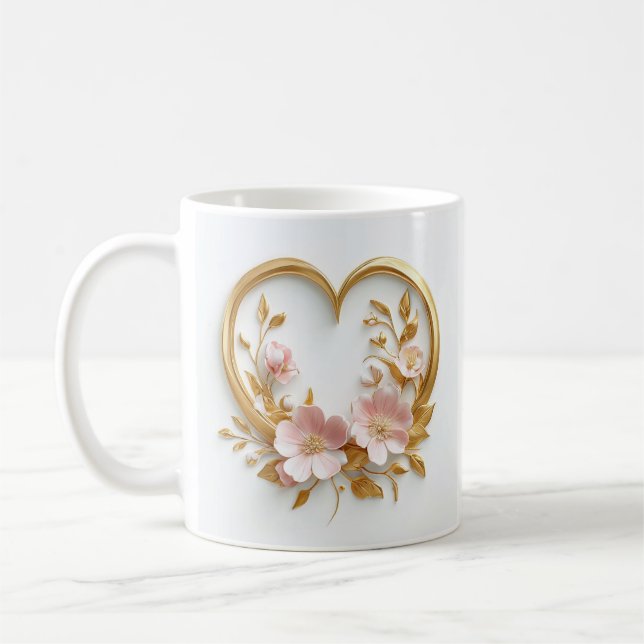 Golden Heart och delikat Rosa Flowers Kaffemugg (Vänster)