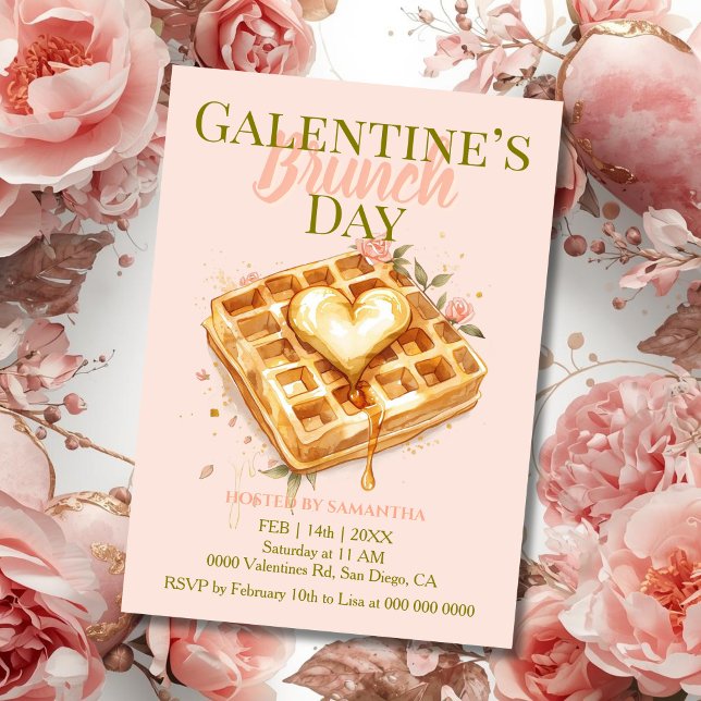 Golden Heart Waffle Galentine Brunch Pastel Floral Inbjudningar (Skapare uppladdad)