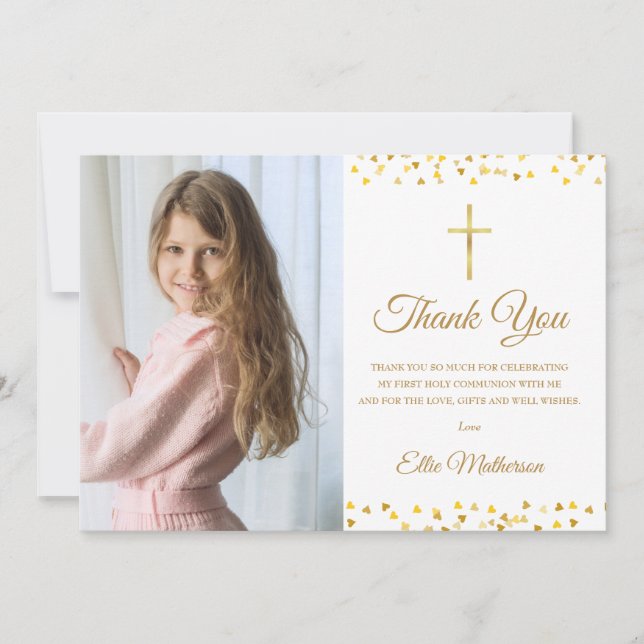 Golden Hearts First Heliga Communion Photo Tack Kort (Framsida)