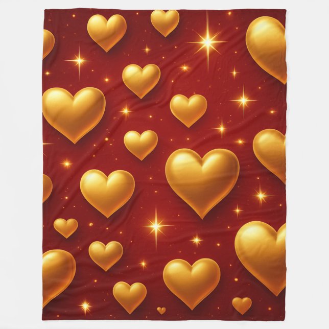 Golden Hearts på Red med stjärnor Fleecefilt (Framsidan)