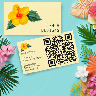 Golden Hibiscus Watercolor Unique Tropical QR Code Visitkort