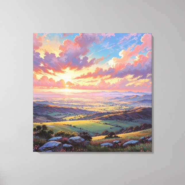 Golden Hills - Vibrant Landscape Illustration Canvastryck (Framsida)