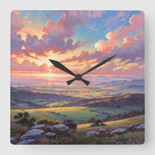 Golden Hills - Vibrant Landscape Illustration Fyrkantig Klocka (Framsida)