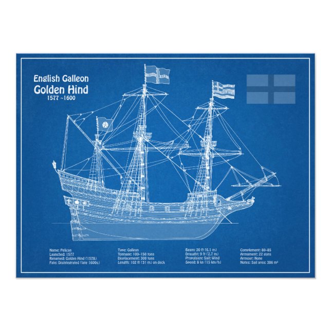 Golden Hind - Frakt Blueprint Plans ABD Fototryck (Framsidan)