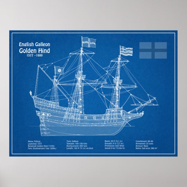 Golden Hind - Frakt Blueprint Plans ABD Poster (Framsidan)