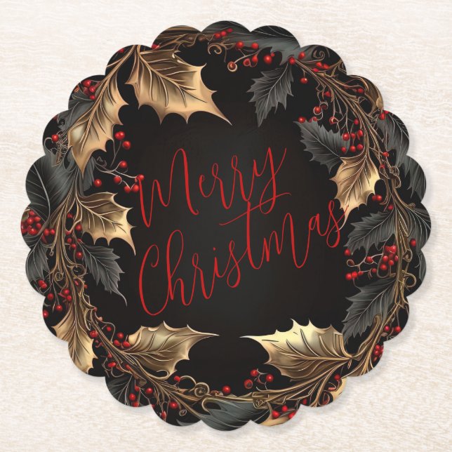 Golden Holly Wreath – Elegant Christmas Underlägg Papper (Framsida)