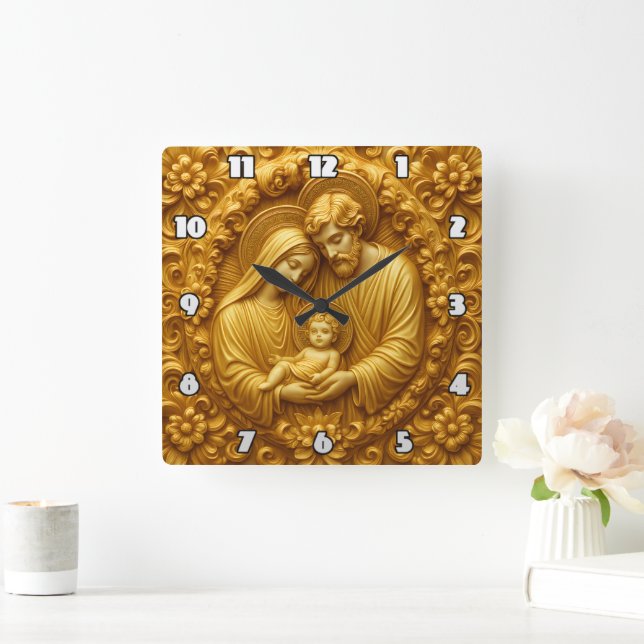 Golden Holy Family Devotional Relief Fyrkantig Klocka (Hem)