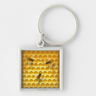 Golden Honeycomb med Honeybees Square Fyrkantig Silverfärgad Nyckelring