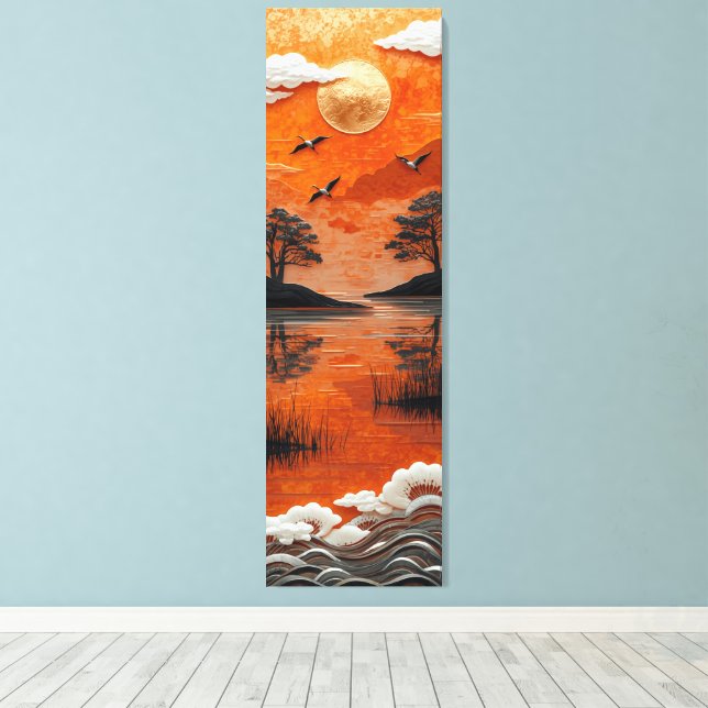Golden Horizon Serenity Lake & Cranes Canvas Print (Insitu (trägolv))
