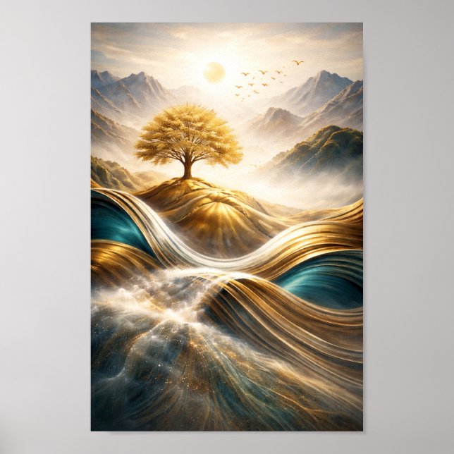 Golden Horizon: Träd av Serenitet Väggkonst (Framsidan)