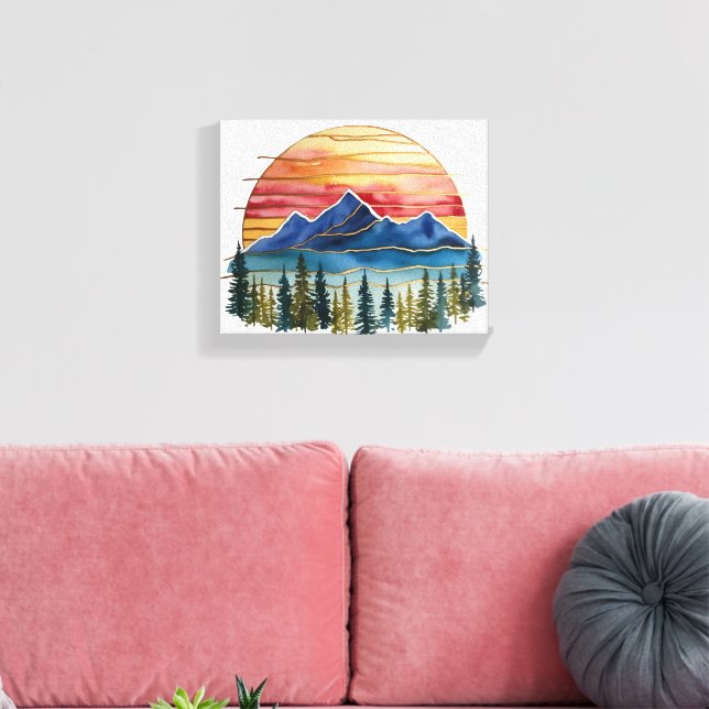 Golden Horizon Watercolor Mountain Sunset Outdoor Canvastryck (Insitu (Vardagsrum))