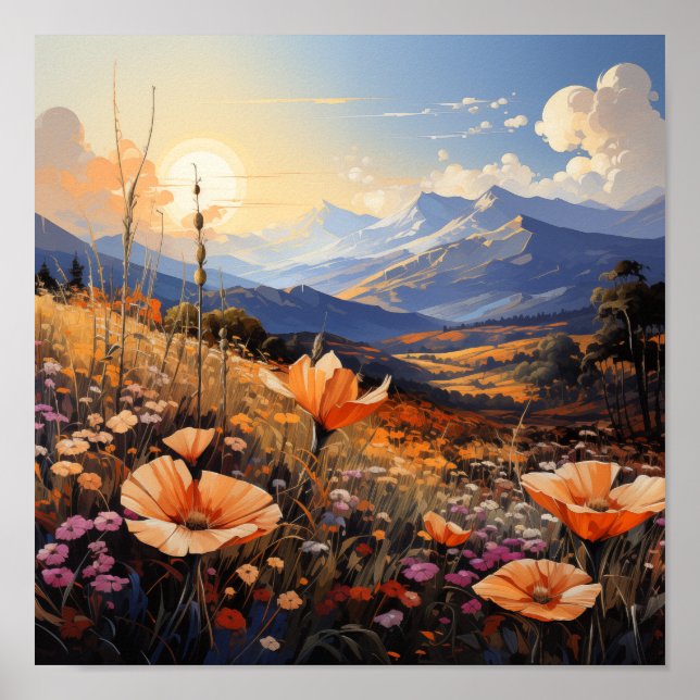 Golden Horizon Wildblomma Fält och berg Poster (Framsidan)