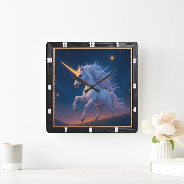 Golden Horn Unicorn Starry Journey Fyrkantig Klocka (Hem)