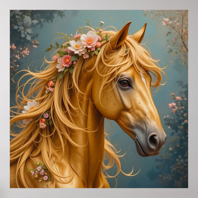 Golden Horse med Flowing Mane Poster (Framsidan)