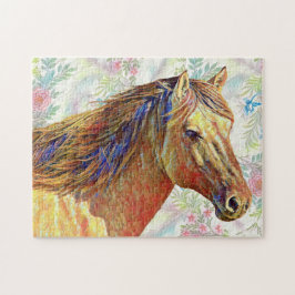 Golden Horse på Blommönster Puzzle Pussel