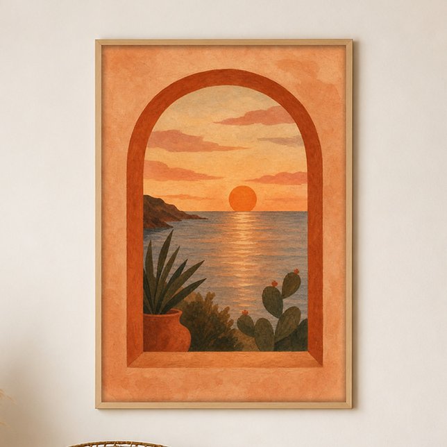 Golden Hour Arch Gouache Boho Art Affisch (Shown framed for scale. Poster ships unframed; frames are an optional add-on.)