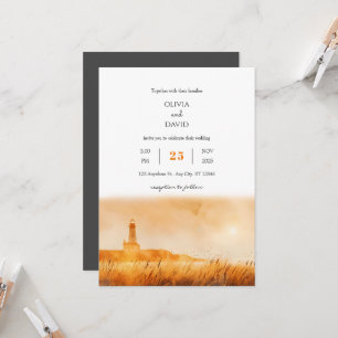 Golden Hour Coastal Lighthouse Beach Wedding Inbjudningar