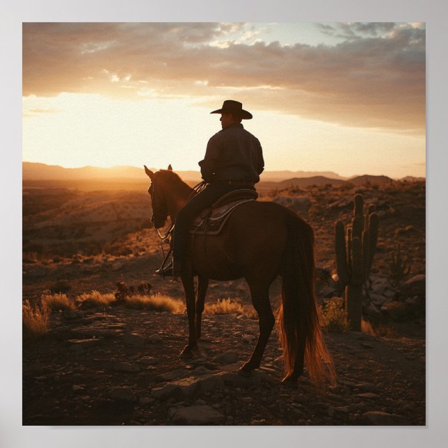 Golden Hour Desert Print - Peaceful Lone Rider  Poster (Framsidan)