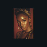 Golden Hour Melanin Beauty Headwrap Portrait Canvastryck<br><div class="desc">Golden-hour light bathes rich brown skin in a warm, luminous glow, accentuating sharp cheekbones, glossy lips, and piercing eyes framed by natural lashes. A vibrant red-gold patterned headwrap crowns her head in elegant volume, while large hammered gold hoops add timeless shine against a solid burnt-orange backdrop. The intimate close-up radiates...</div>