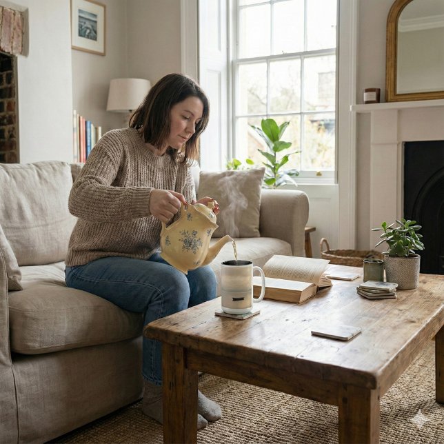 Golden Hour Mist & Boat Scenery, 15 oz Två-Tonad Mugg (Skapare uppladdad)