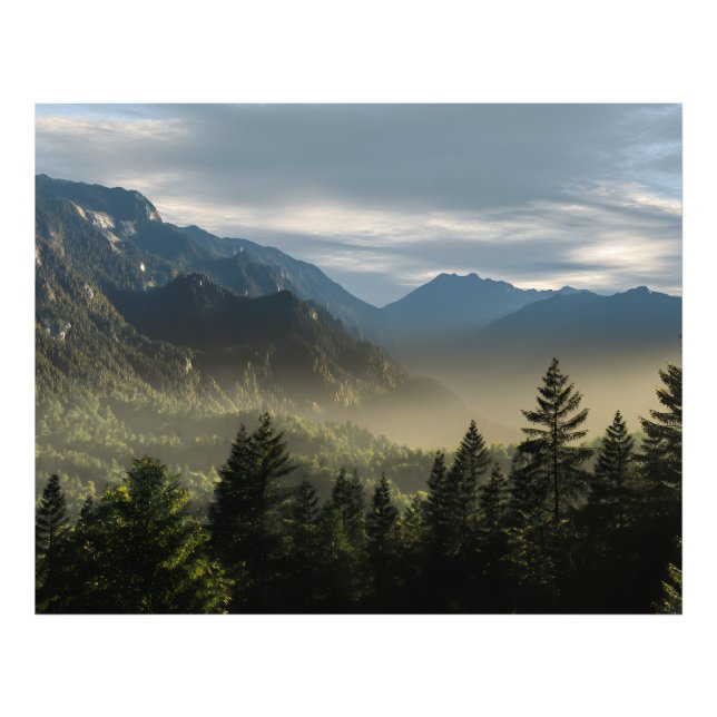 Golden Hour Misty Peaks Evergreen Forest Art Fototryck (Framsidan)