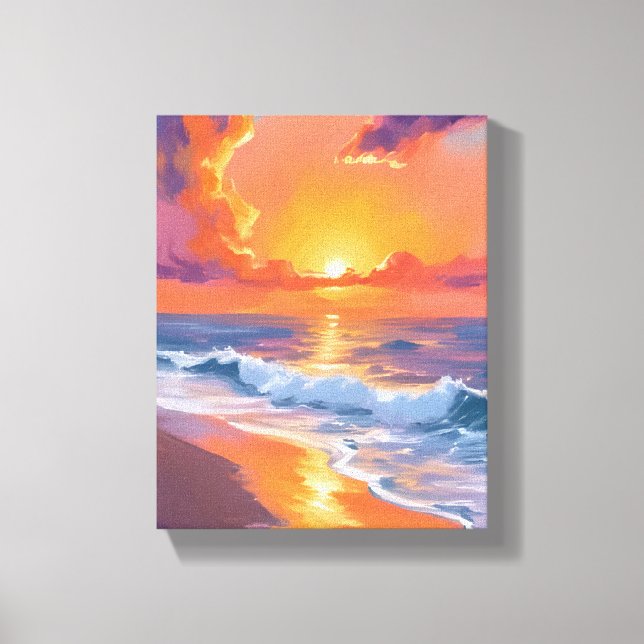 Golden Hour Orange Sunset Beach Ocean Painting Canvastryck (Framsida)