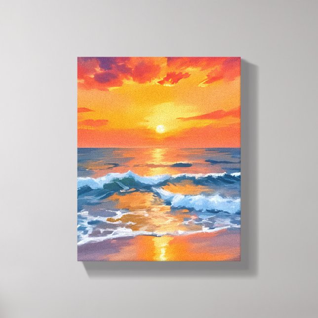 Golden Hour Sunset Ocean Beach Painting Canvastryck (Framsida)